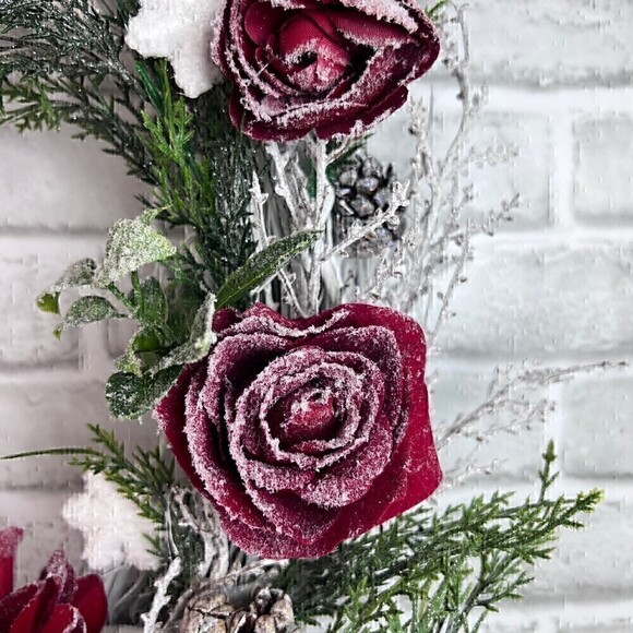 Christmas Wreath Snow Rose White Grapevine Snow Acorn 20” Xmas Holiday Decor - Picture 2 of 3